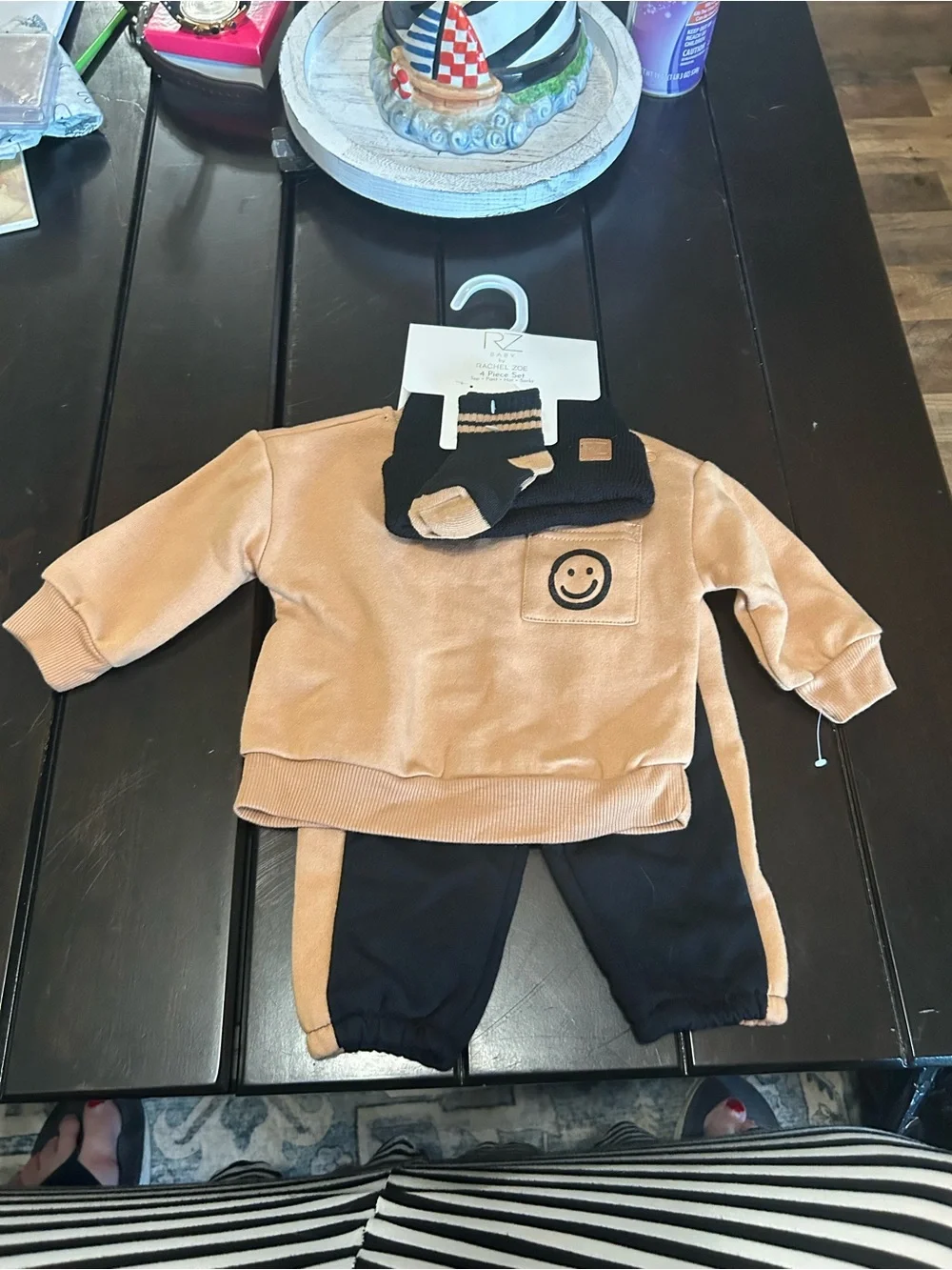 Rachel Zoe Tan and Black Kids Two-Piece Jogger Set with Smiley Patch